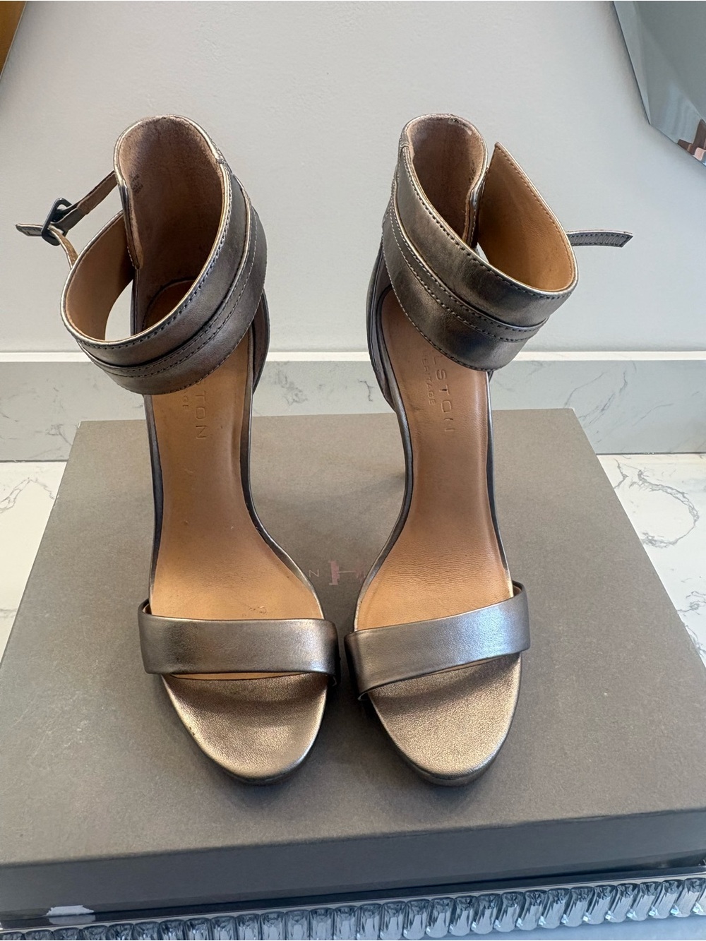 HALSTON Metallic Pewter Ankle-Strap High Heel Sandals